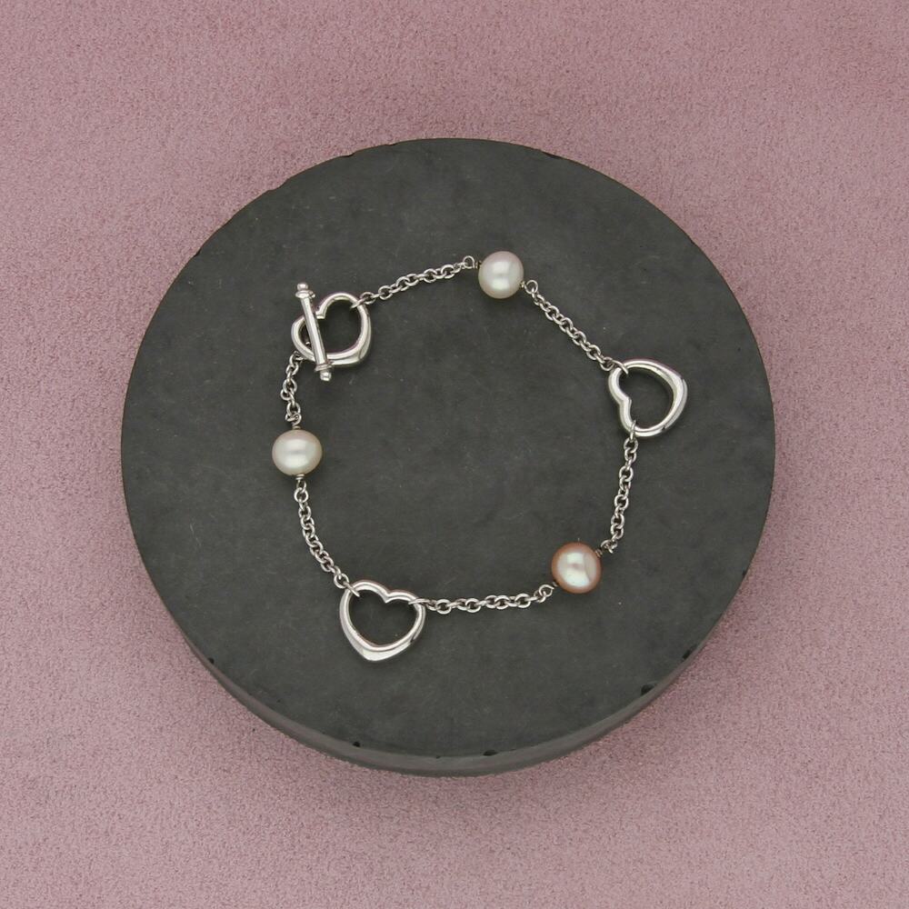sterling silver pearl & heart station toggle bracelet size 7.5in